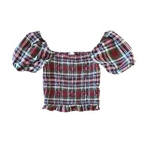 American Eagle Plaid Smocked Puff Sleeve Crop Top Cottagecore S